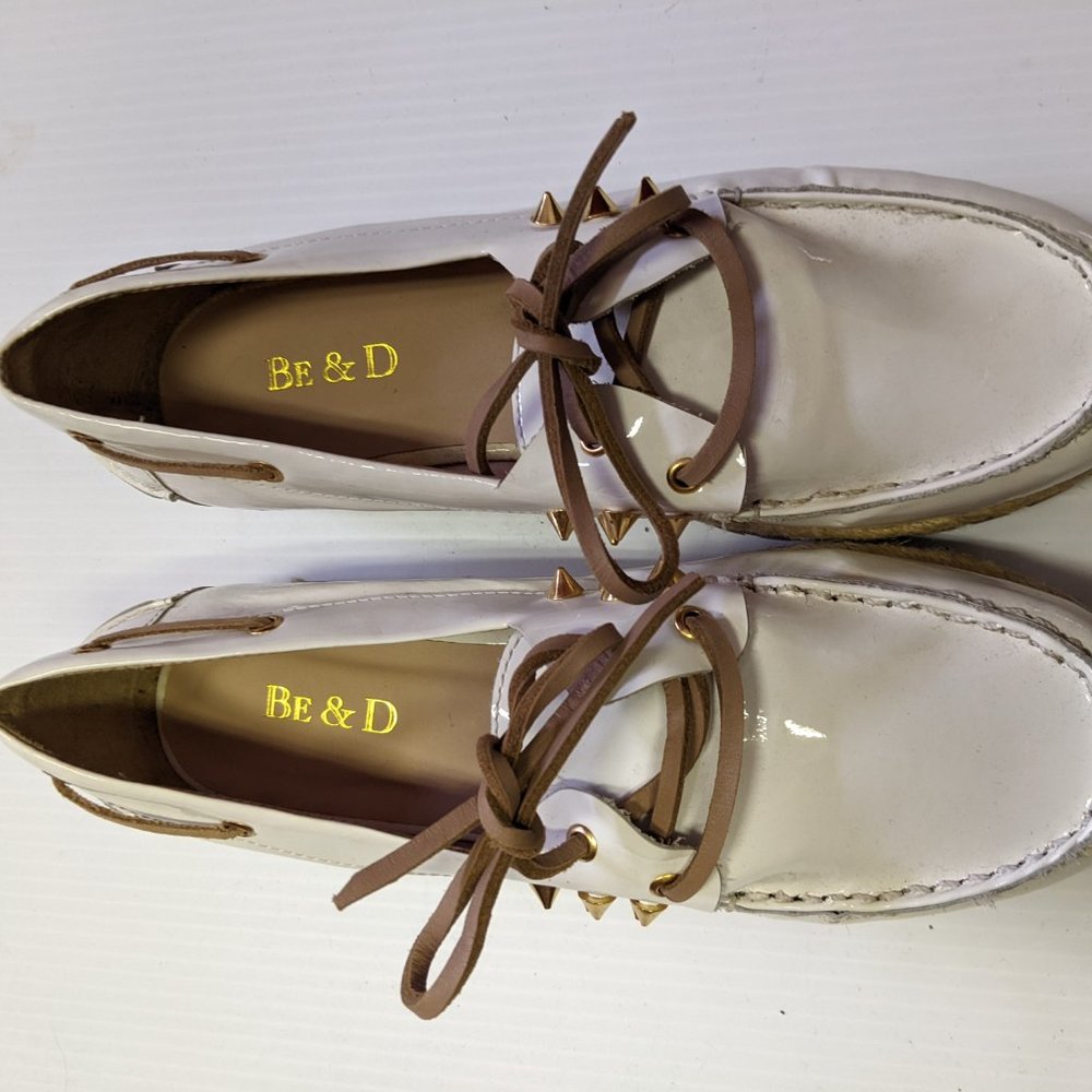 $385 BE&D CHRISTIE White Leather Loafer Gold Stud Designer